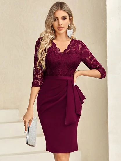 Retro V-Neck Floral Lace Ruffle Cocktail