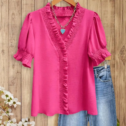 Ruffle Trim V - Neck Blouse