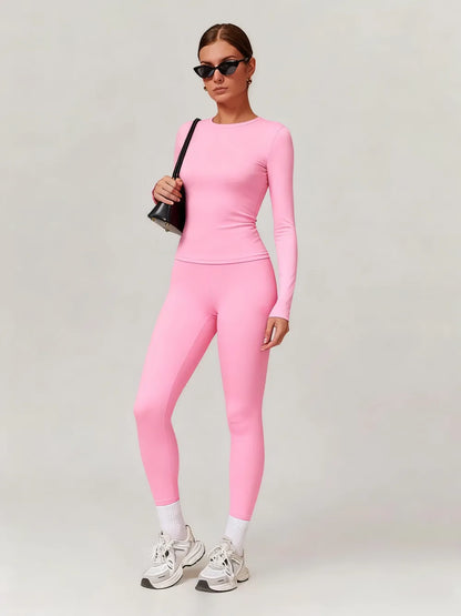 Women's Solid Long Sleeve Skinny & High Waist Leggings Tracksuit Set