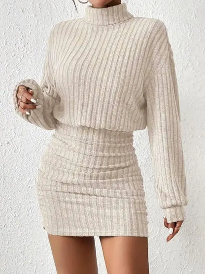 Women's Plain Drop Shoulder Turtleneck Ribbed Dress