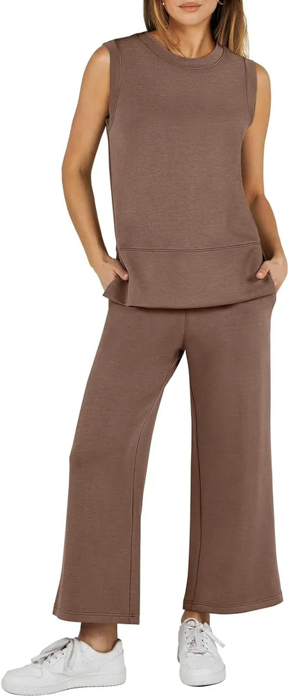 Women's 2 Piece Sets Summer Outfits Sleeveless Wide Leg Tracksuits Casual Sweat Sets Lounge Sweatsuits