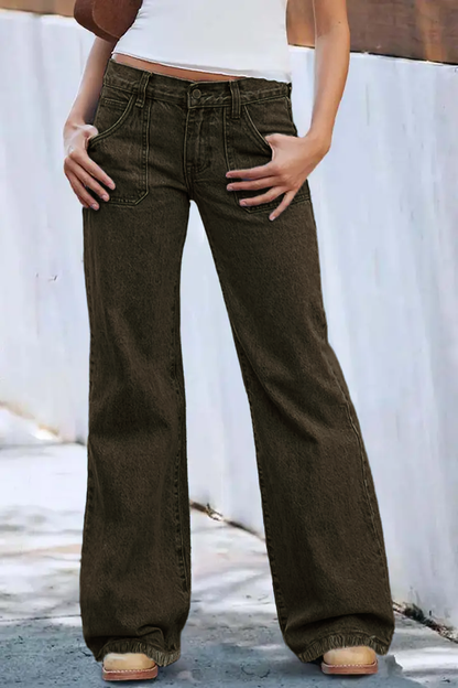 Wash Raw Hem Flap Pocket Wide Leg Low Rise Jeans