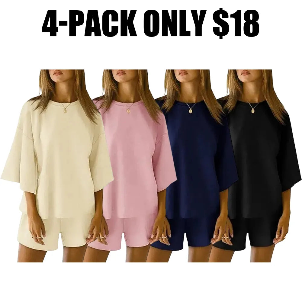 Pajama Sets 3/4 Sleeve Oversized Tops And Elastic Waist Shorts