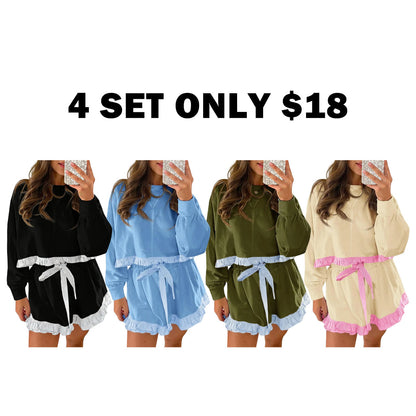 Women's 2 Piece Lounge Sets Ruffle Color Block Cropped Sweatshirts