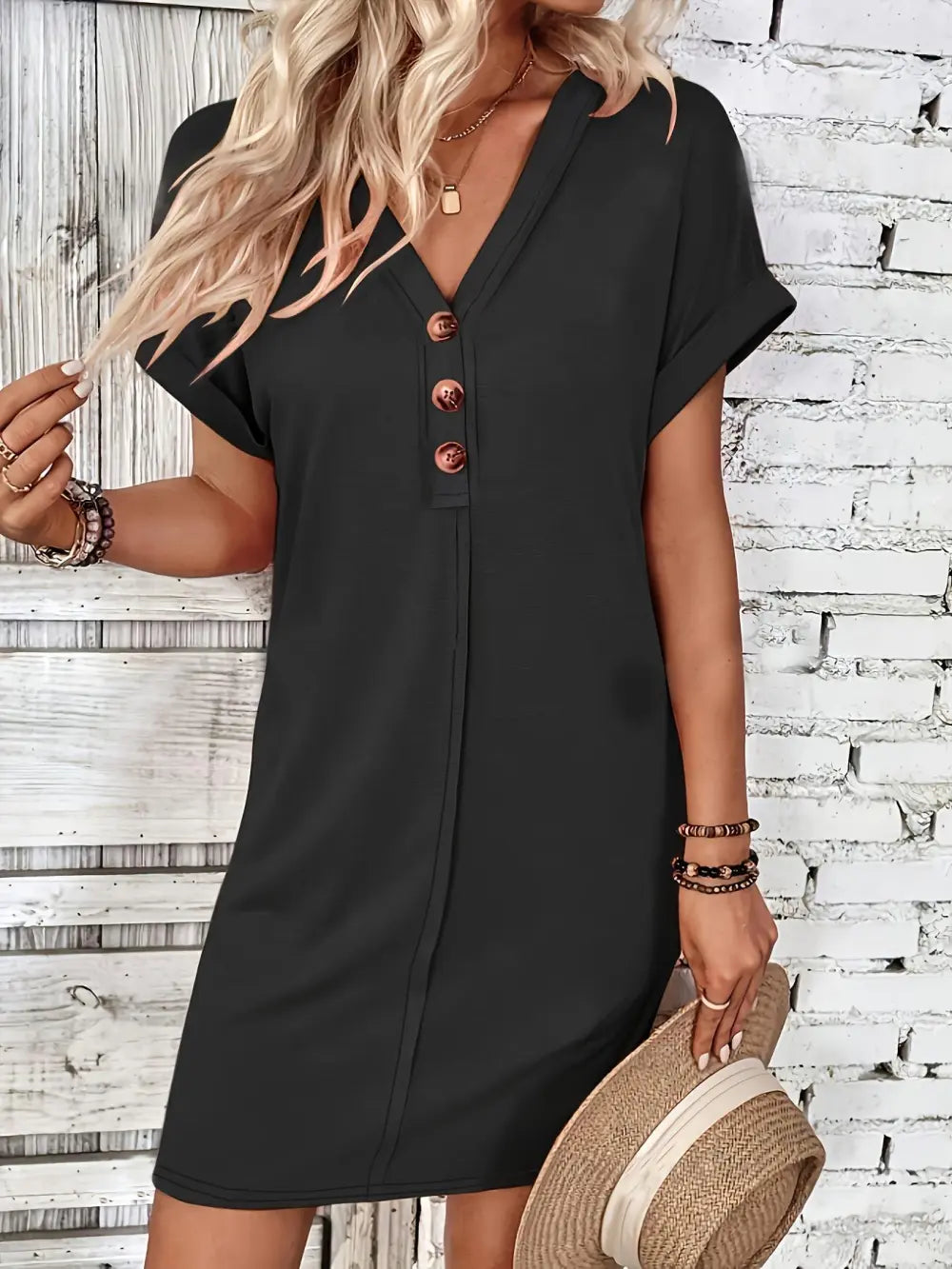 Women's Plain Button V Neck Tee Dress