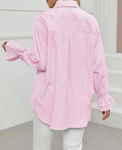 Women's Striped Button Down Shirts Smocked Cuffed Boyfriend Shirt Long Sleeve Blouse Top with 3 Pockets