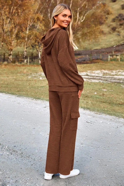 Womens Fall Outfit 2-Piece Knitted Sets Hoodie Tracksuits Wide Leg Pants With Pocket And DrawString Long Sleeve Hooded Kangoroo Pocket Tops Knitwear Sporty Loungwear, Womenswear Travel Outfit