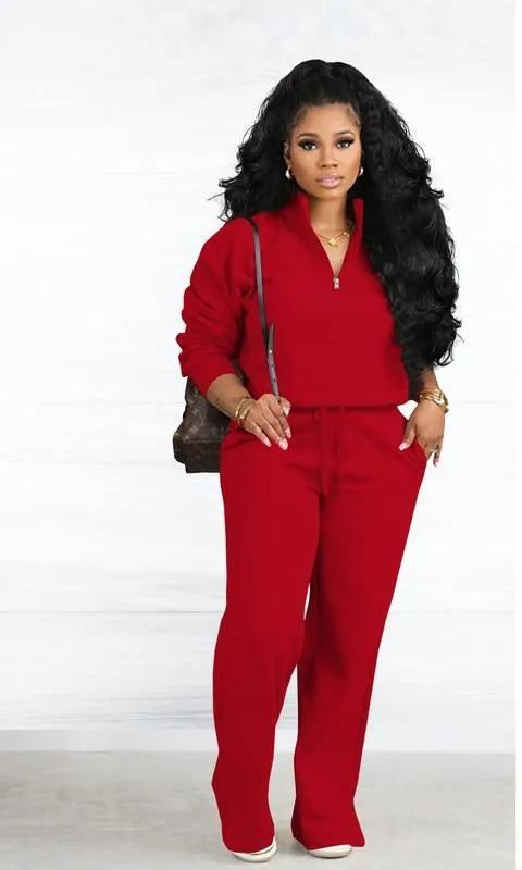 Two-piece Set Women's Solid Zip Up Funnel Neck Sweatshirt & Drawstring Waist Pants