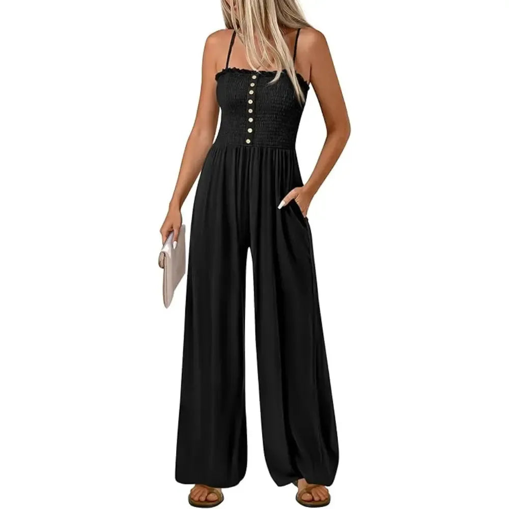 Jumpsuits for Women Summer Sleeveless Smocked Button Wide Leg Rompers