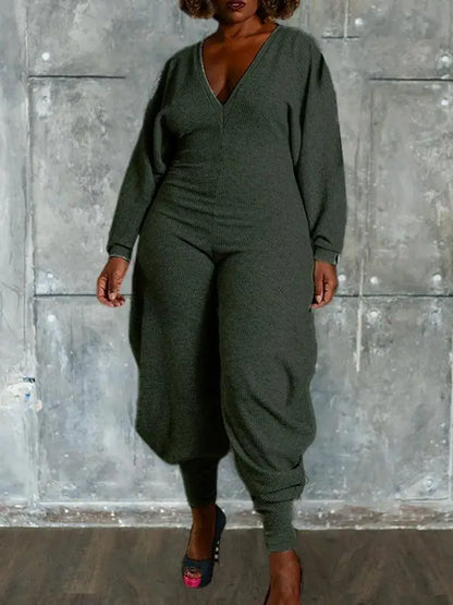Women's Plain Bishop Sleeve Deep V Neck Jumpsuit