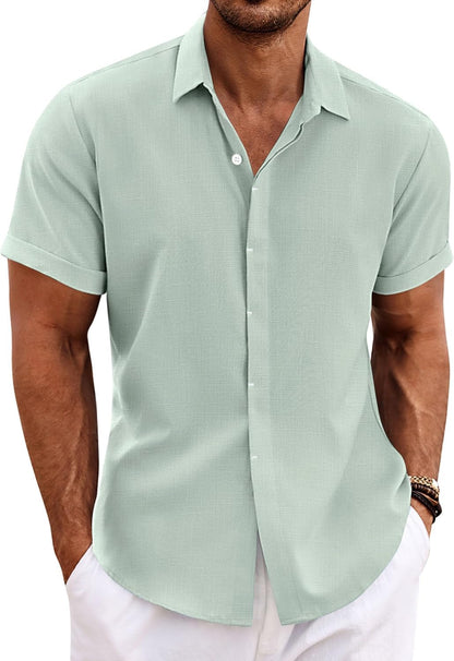 Men's Linen Shirts Short Sleeve Casual Shirts Button Down Shirt for Men Beach Summer Wedding Shirt