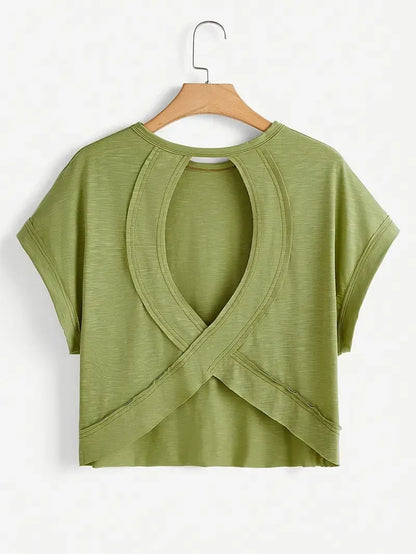 Women's Plain Cut Out Asymmetrical Hem Batwing Sleeve Tee, Elegant Casual Short Sleeve Round Neck T-Shirt for Summer, Ladies Clothes for Daily Wear