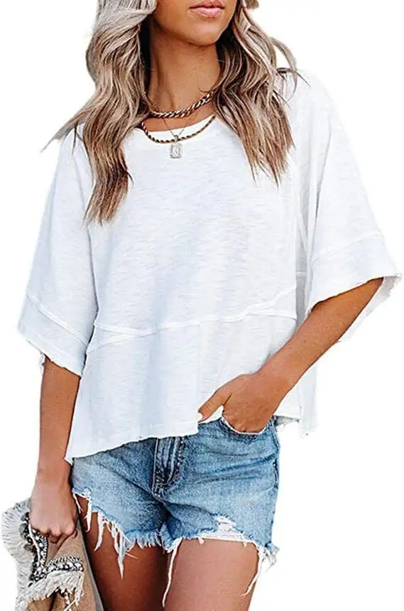 Women's Summer Casual Crewneck Batwing Half Sleeve Tee