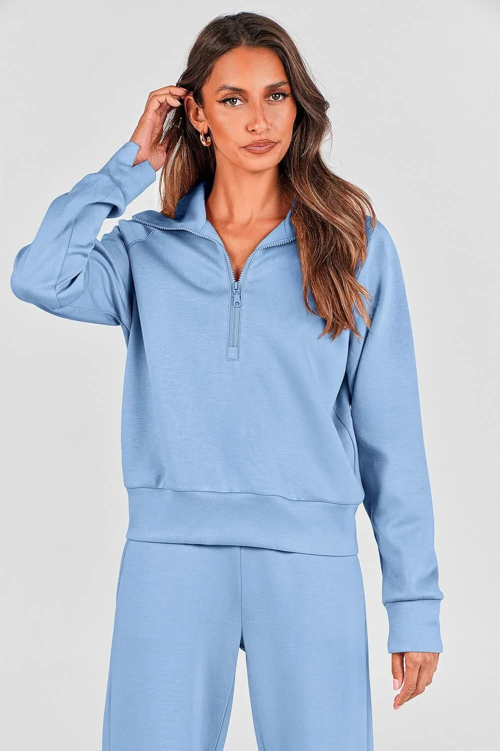 Women's 2 Piece Outfits Casual Lapel Half Zip Sweatshirts And Wide Leg Pants Tracksuit Sets