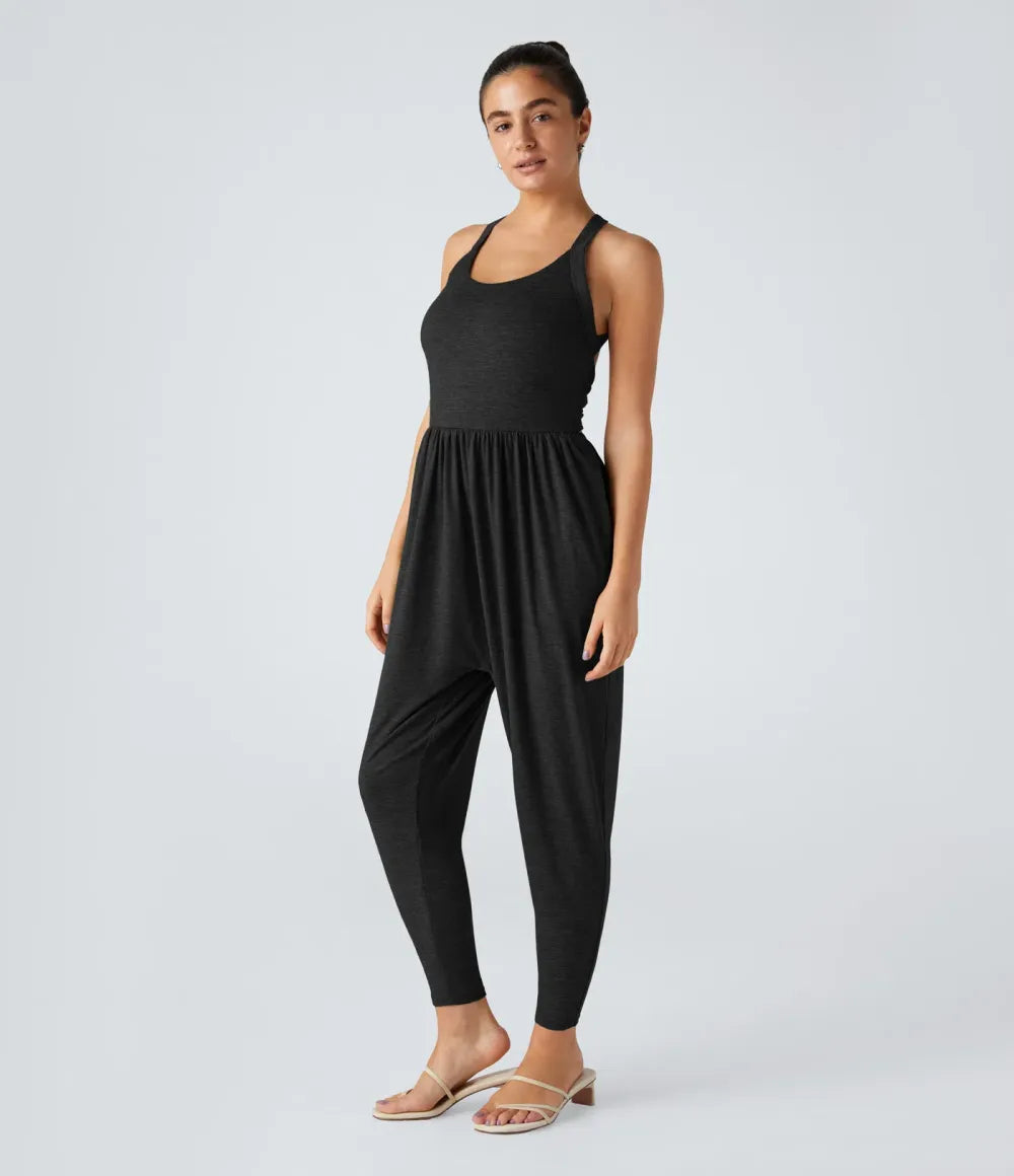 💝Last day promotion-⏰Backless Twisted U Neck Side Pocket Harem Casual Jumpsuit-Easy Peezy Edition