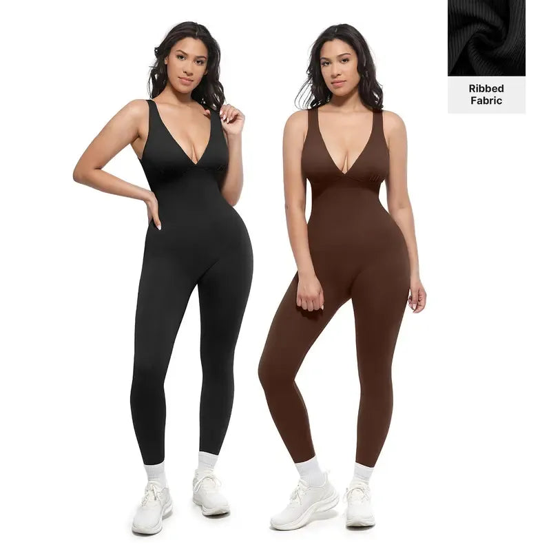 Deep V High-Waisted Tummy Control Jumpsuit
