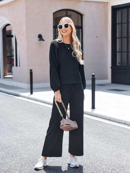 Women's two-piece set long sleeved pullover top with pockets wide leg pants casual set Pajama Loungewear Nightwear