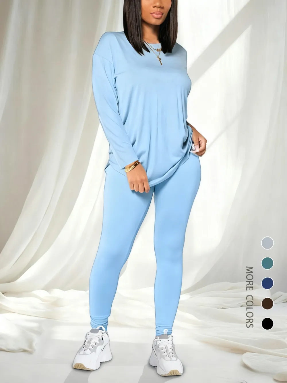 Women's Solid Drop Shoulder Tee & Elastic Waist Skinny Pants Two-piece Set