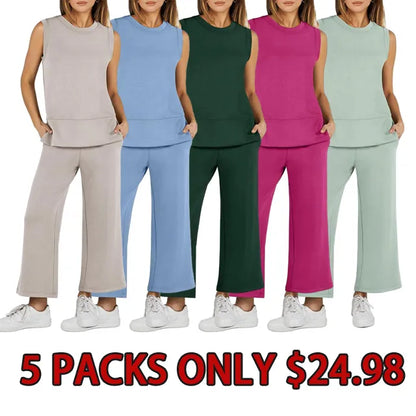 Women's 2 Piece Sets Summer Outfits Sleeveless Wide Leg Tracksuits Casual Sweat Sets Lounge Sweatsuits