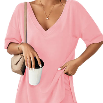 Women's Two-Piece Pajama Set Casual Oversized V Neck Split Hem