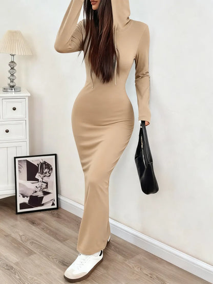 Women's Hooded Drawstring Slim Fit Long Sleeve Knit Dress