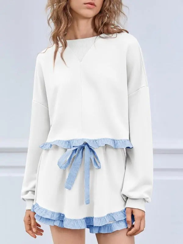 Women's 2 Piece Lounge Sets Ruffle Color Block Cropped Sweatshirts Casual Drawstring Shorts Fall Loose Sweatsuits