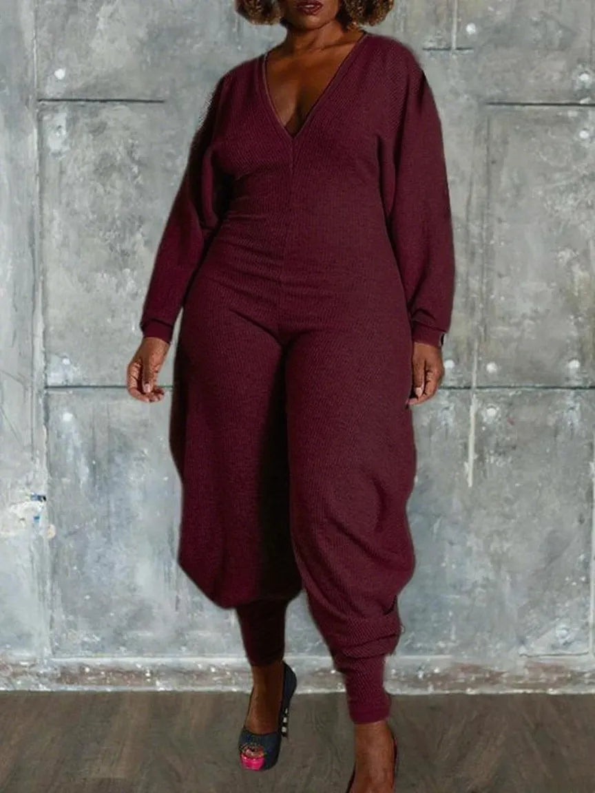 Women's Plain Bishop Sleeve Deep V Neck Jumpsuit