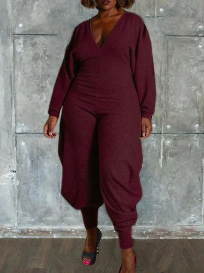 Women's Plain Bishop Sleeve Deep V Neck Jumpsuit