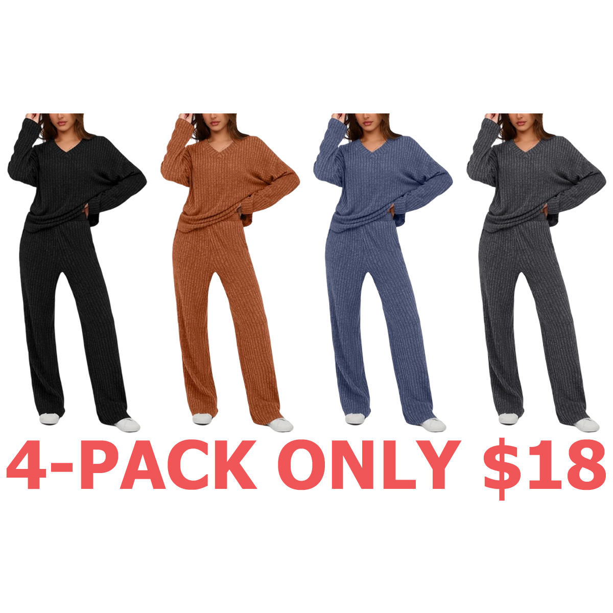 Women's 2 Piece Lounge Sets Ribbed Knit Long Sleeve V Neck Pullover Tops Wide Leg Pants Fall Winter Outfits