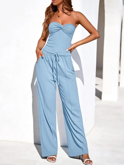 Women Summer Ribbed Strapless Twist Knot Tube Top Pants Set