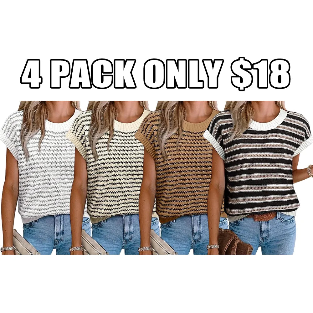 Women's knitted vest, striped pullover, sleeveless top, round neck
