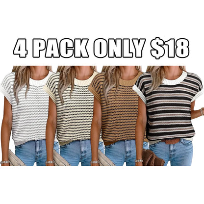 Women's knitted vest, striped pullover, sleeveless top, round neck