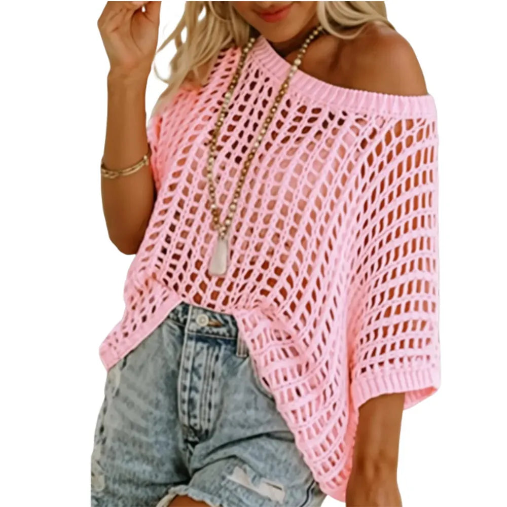 🔥Last day promotion🔥Women's Scoop Neck Crochet Knit Short Sleeve Sweater Top