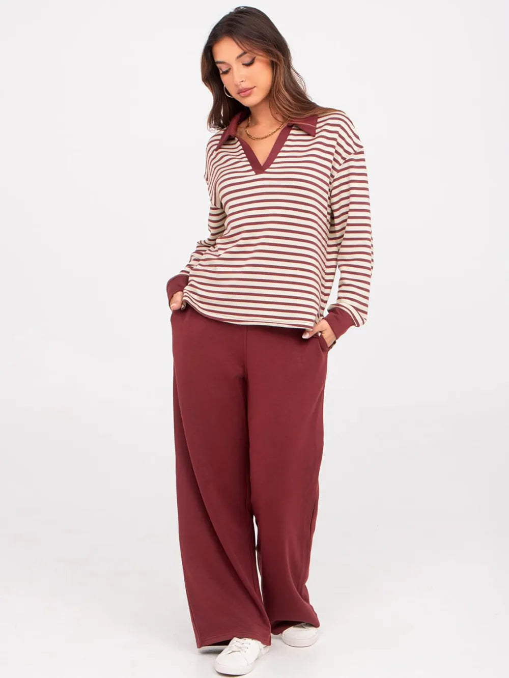 Women's 2 Piece Sets Outfits Casual Long Sleeve Sweatsuits Polo Top and Wide Leg Pants Matching Sets