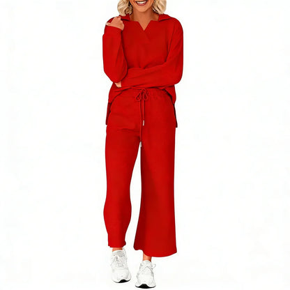 Women 2-Piece Outfit 2025 Fall Winter Lapel V Neck Long Sleeve Pullover and Wide Leg Pants Lounge Sets Pockets