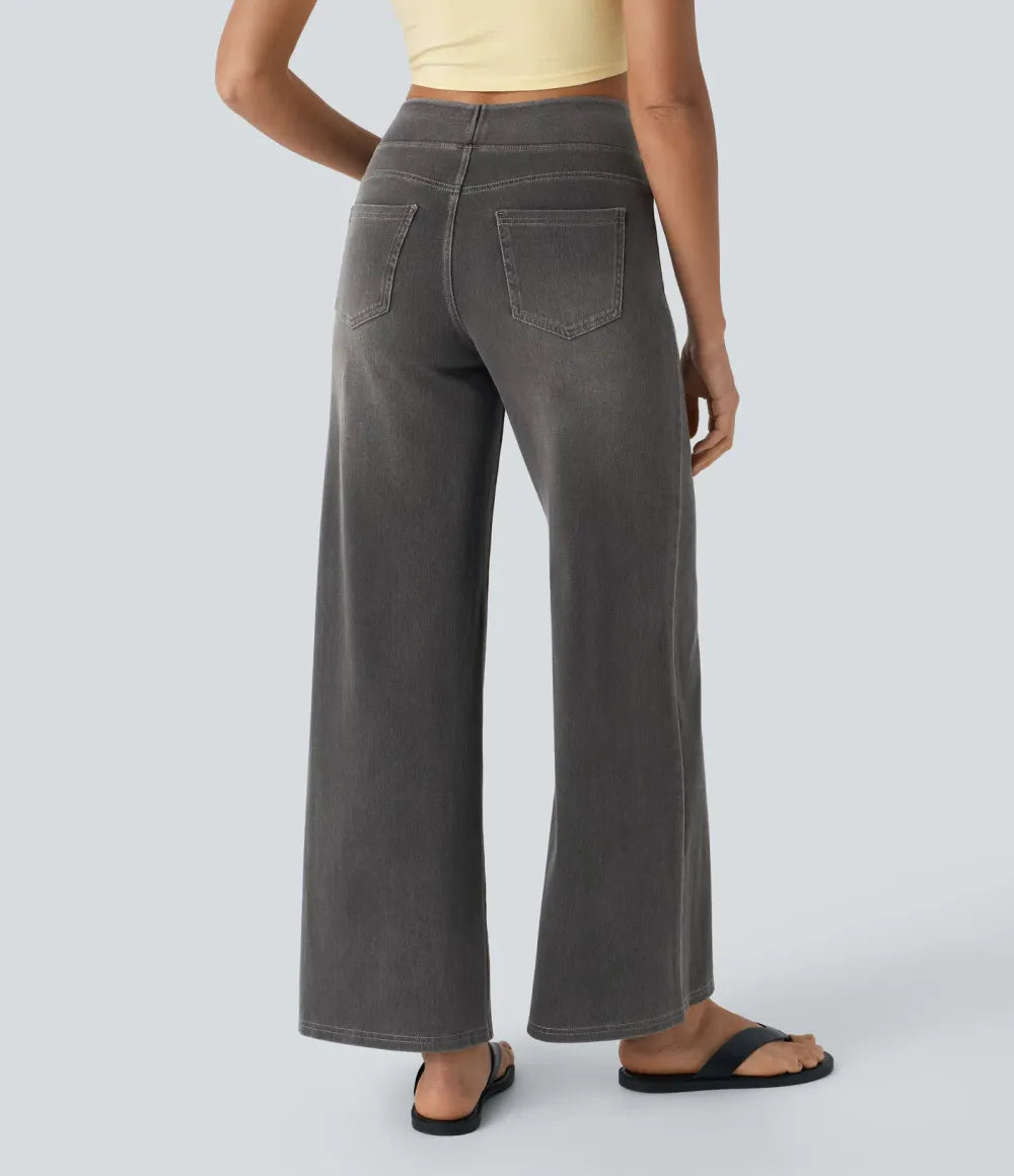 💝Last Day Promotion⚡High Waisted Multiple Pockets Baggy Wide Leg Washed Stretchy Knit Casual Jeans