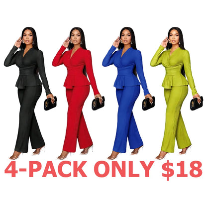 Women's Solid-Color Elegant V-Neck Long-Sleeve and Wide-Leg Pants Set
