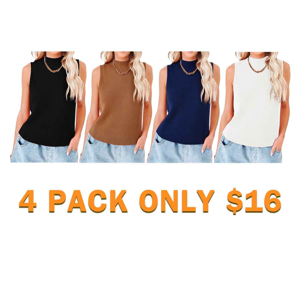Women Knit Tank Tops Sleeveless Turtleneck Cami Shirts Sweater Vests