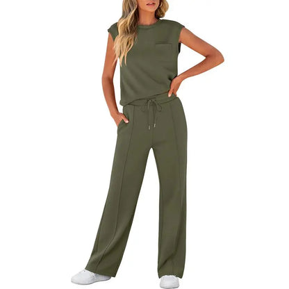 Women's Summer 2 Piece Outfits Casual Sleeveless Sweatsuits Matching Wide Leg Tracksuits Lounge Sets Women Basic Vacation Outdoor Outfit Sets Womenswear