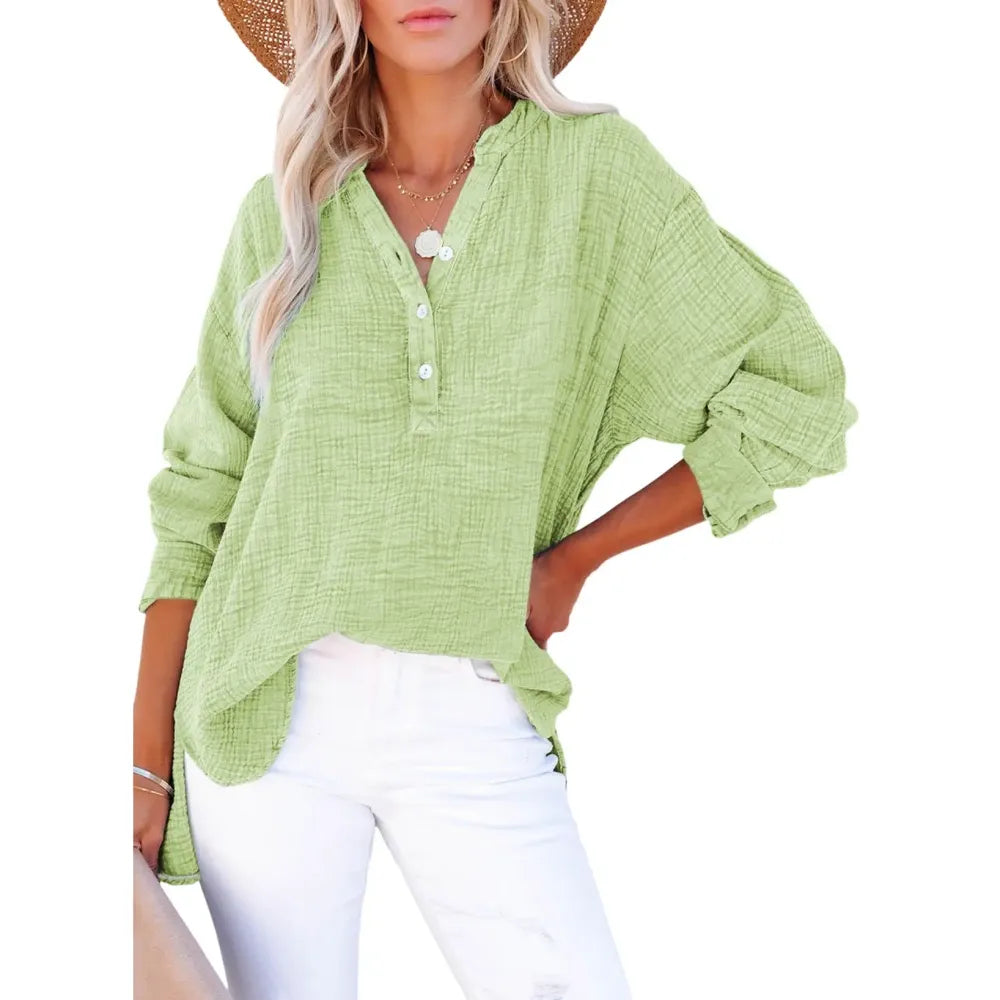 Women's Casual Button V Neck Long Sleeve Shirts
