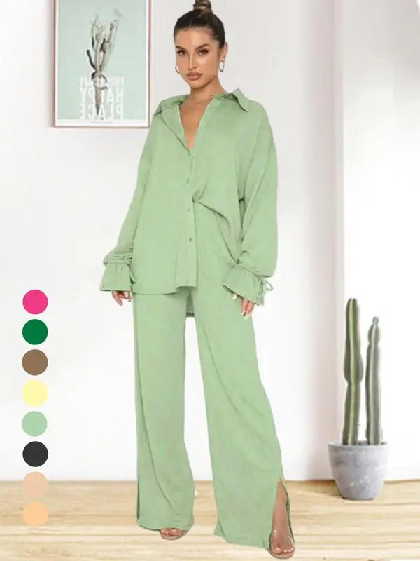 Women's Solid Button Front Shirt & Split Hem Pants Set