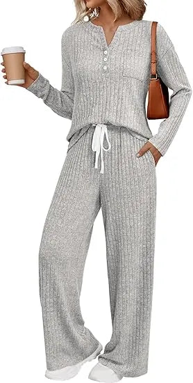 Womens 2 Piece Lounge Sets Fall Outfits Henley Neck Sweater 2025 Matching Sweat Suits Comfy Pajamas Clothes Pockets