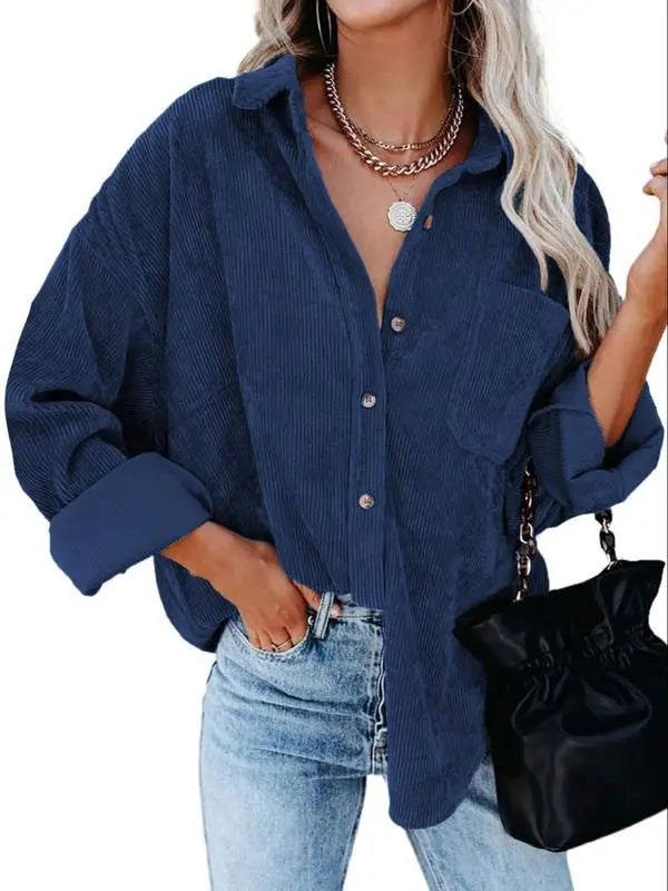 Women's Plain Pocket Button Front Corduroy Shirt