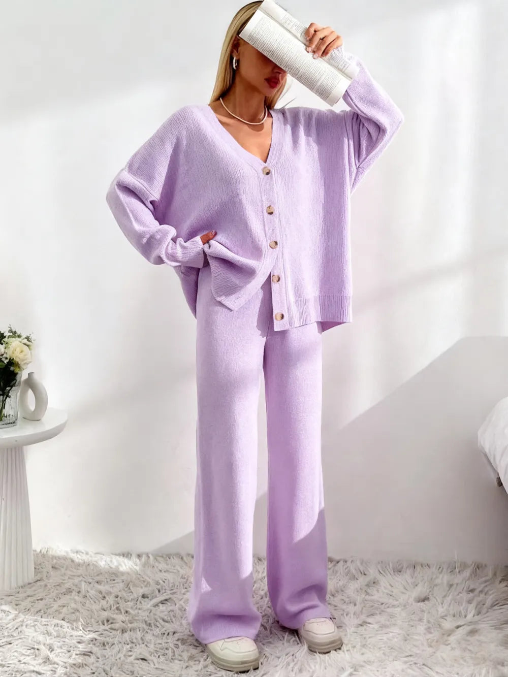 Women's Solid Button Front Drop Shoulder V Neck Cardigan & Elastic Waist Wide Leg