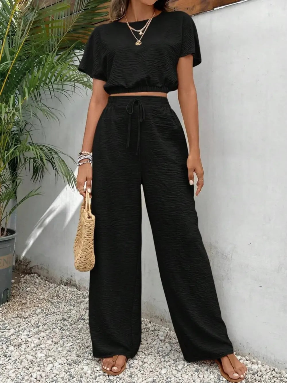 Women's Solid Color Fitted Top & Wide Leg Pants Two-piece Set