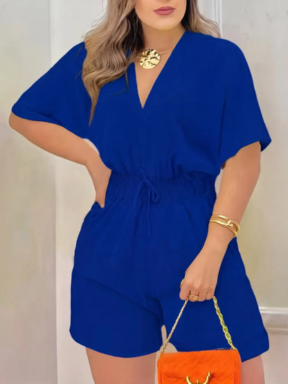 Women's Plain Drawstring Shirred Waist Fitted V Neck Romper