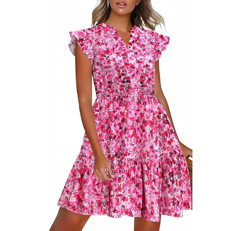 Women's Floral Printed Ruffle Sleeve Tiered Mini Dress