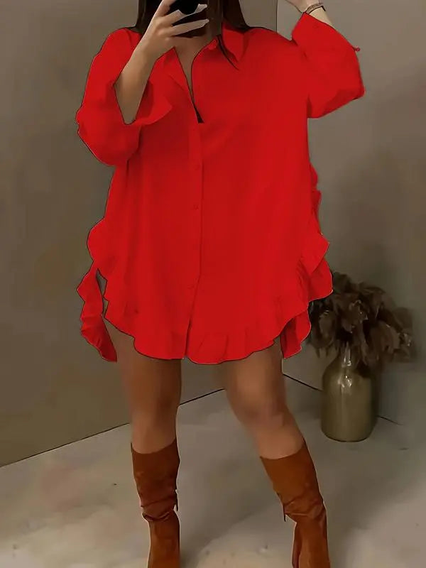 Women's Plain Ruffle Trim Button Front Blouse