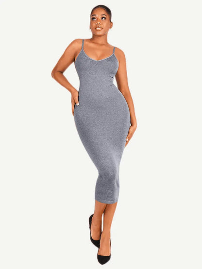 Seamless Spaghetti Strap V Neck Maxi Dress with Built-in Bodycon