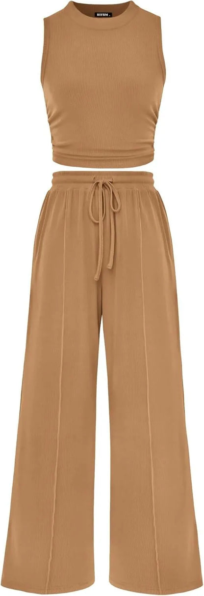 Women Summer 2 Piece Outfits 2026 Beach Crew Neck Sleeveless Cropped Top Elastic Waist Wide Leg Pants Lounge Set